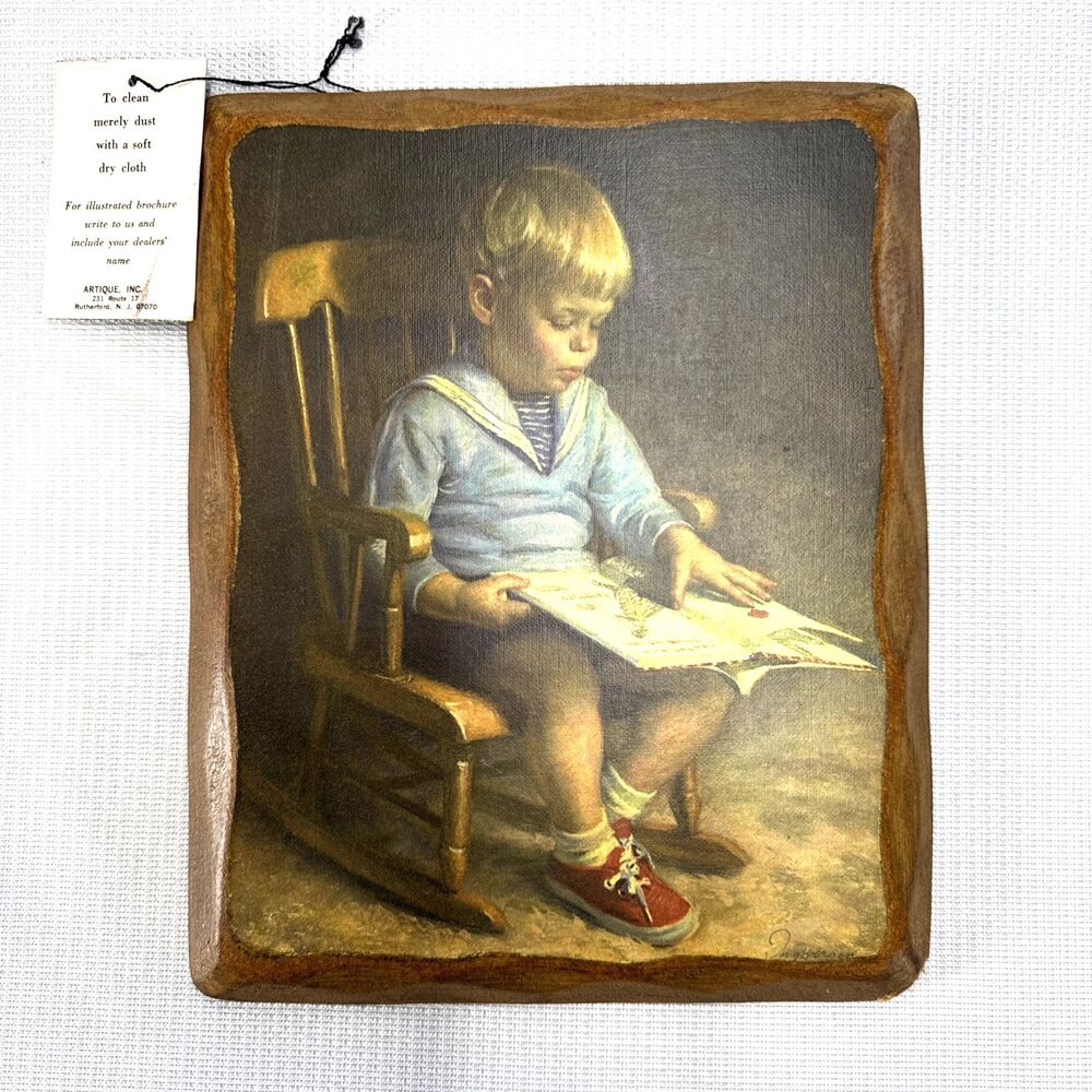 Vintage folk art plaque Gary by James Ingwersen Rocking Chair Boy Reading